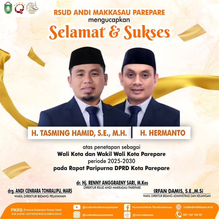 RSUD Andi Makkasau Ucapkan Selamat Tasming-Hermanto Jadi Wali Kota dan Wawali Terpilih, Bawa Parepare Lebih Maju dan Sejahtera 