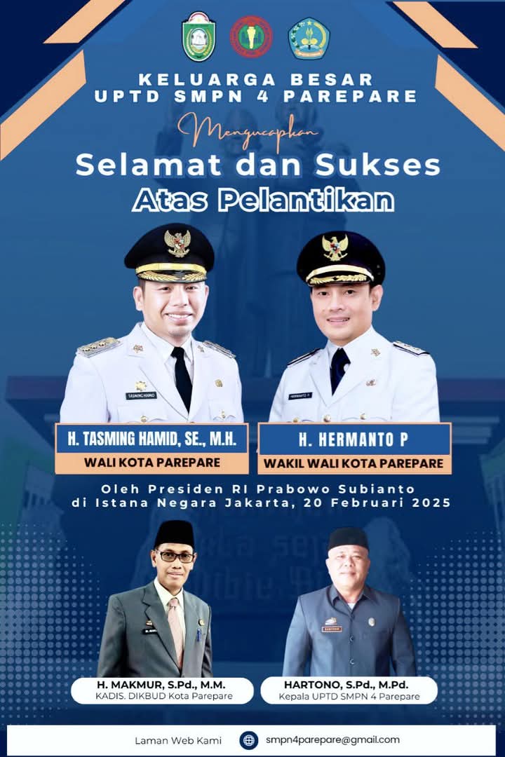 SMPN 4 Parepare Ucapkan Selamat Pelantikan Wali Kota-Wawali TSM-MO, Siap Support Program Pendidikan