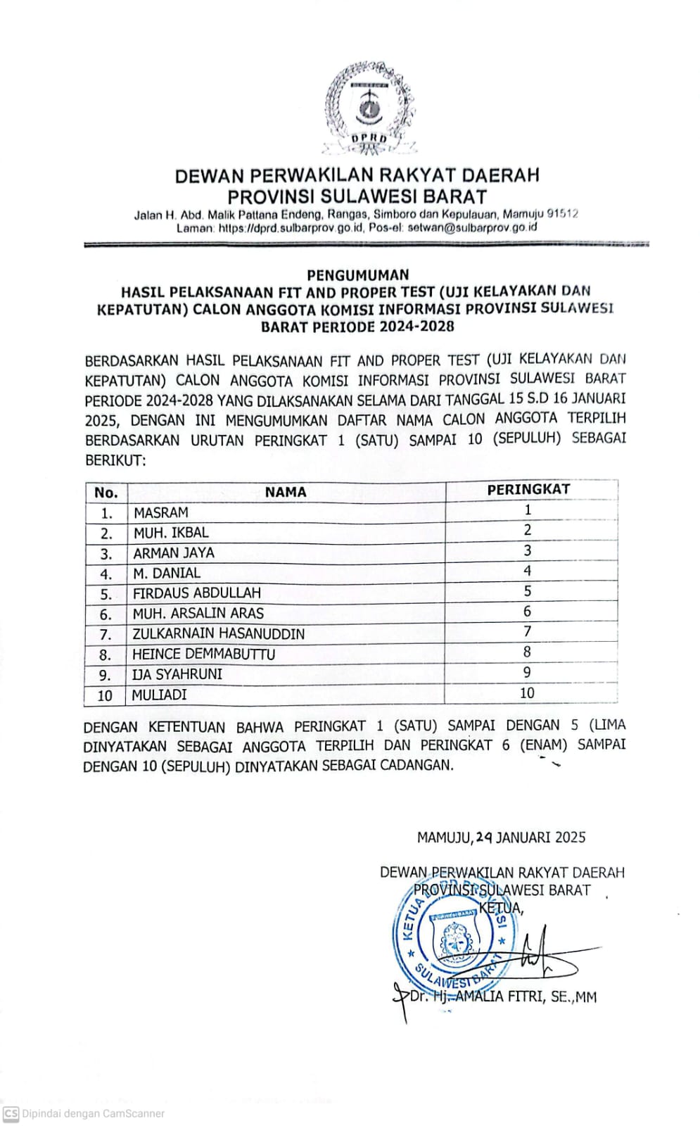 DPRD Sulbar Umumkan Lima Anggota Komisi Informasi Terpilih