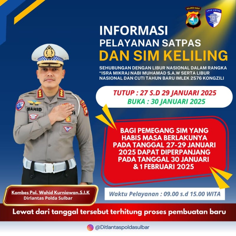Ditlantas Polda Sulbar Umumkan Penutupan Layanan SIM Selama Libur Nasional