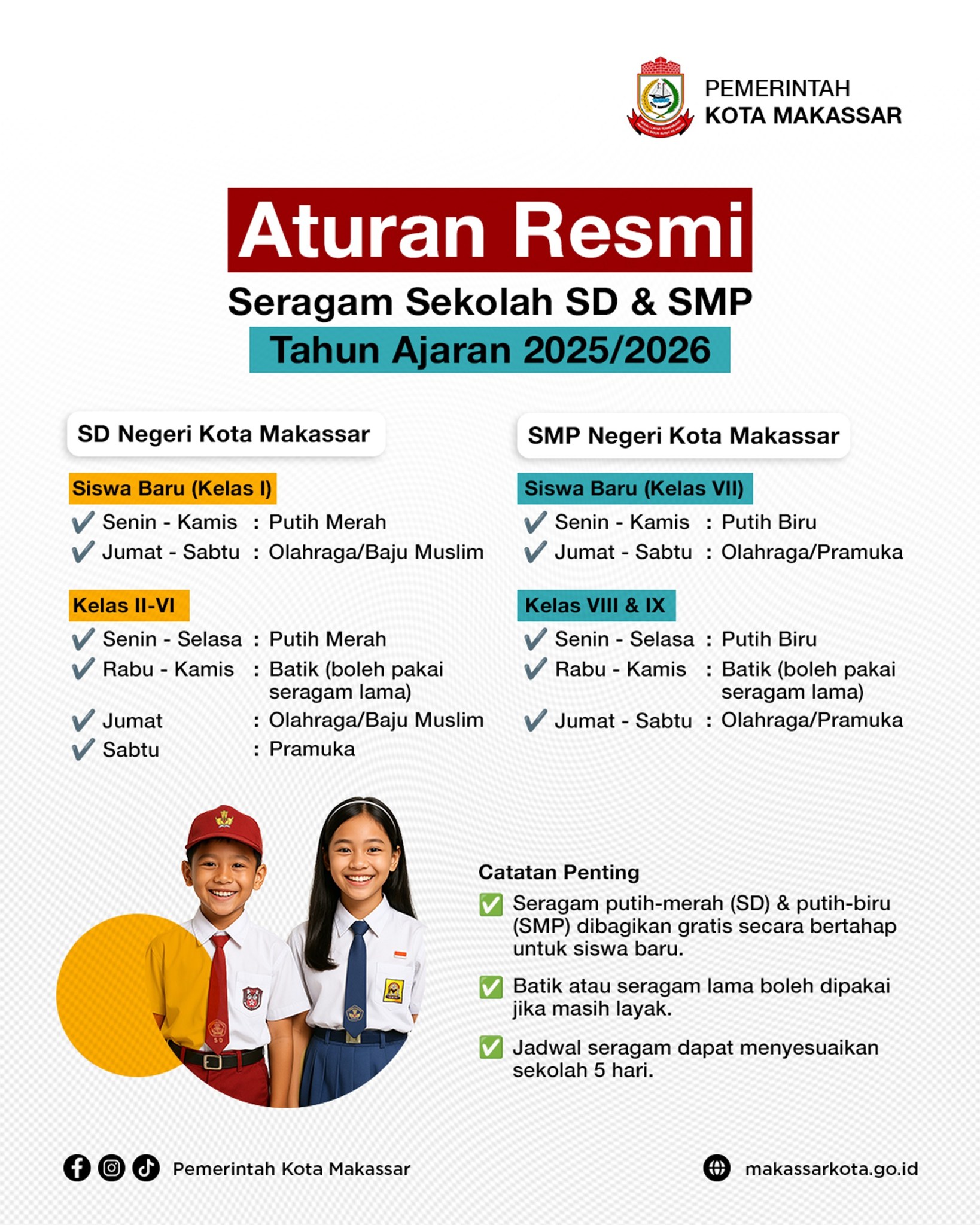 Pemkot Makassar Tegaskan Aturan Resmi Penggunakan Seragam Sekolah Siswa SD-SMP Negeri