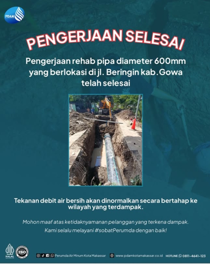 Pengerjaan Rehab Pipa di Beringin Gowa Selesai, PDAM Makassar Mohon Maaf kepada Pelanggan yang Terdampak