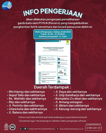 Besok PLN Lakukan Pemeliharaan Gardu Batu, PDAM Makassar Informasikan Terjadi Penurunan Debit Air