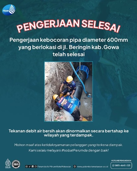 Pengerjaan Kebocoran Pipa di Beringin Gowa Selesai Lebih Cepat, PDAM Makassar Sebut Suplai Air Dialirkan Bertahap
