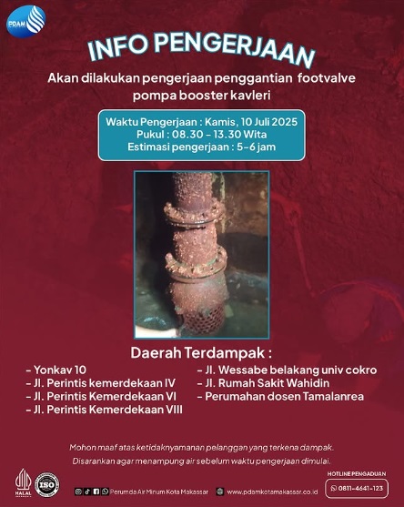 PDAM Makassar Lakukan Penggantian Footvalve Pompa Booster Kavleri, Perintis Kemerdekaan dan Sekitarnya Terdampak