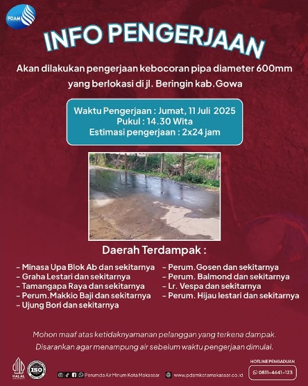 PDAM Makassar Kerjakan Kebocoran Pipa di Beringin Gowa, Estimasi 2 x 24 Jam