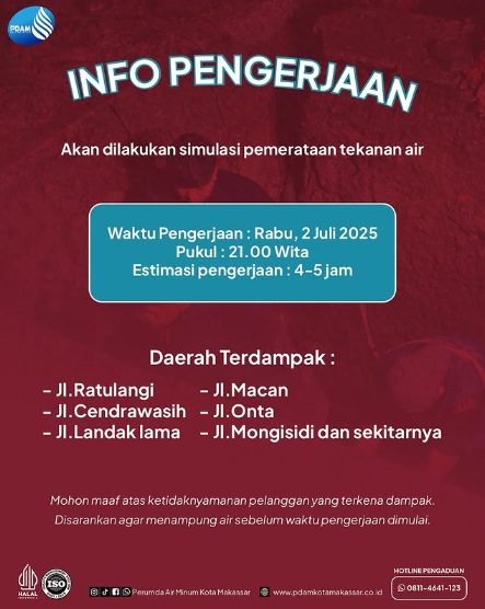 Malam Ini PDAM Makassar Lakukan Simulasi Pemerataan Tekanan Air, Ratulangi hingga Monginsidi Terdampak