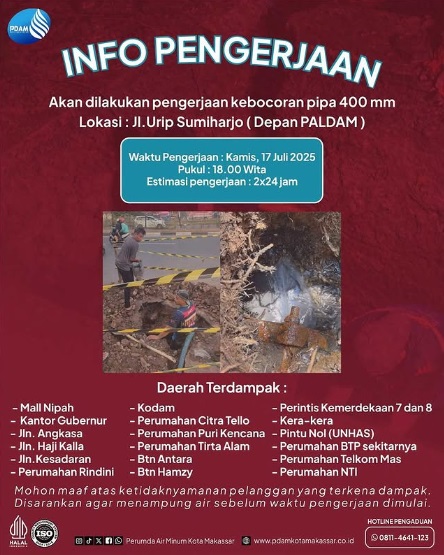 Akan Dilakukan Pengerjaan Kebocoran Pipa di Depan Paldam, PDAM Makassar Mohon Maaf kepada Pelanggan yang Terdampak
