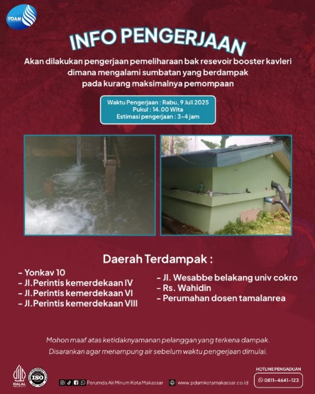 PDAM Makassar Lakukan Pemeliharaan Bak Resevoir Booster Kavleri Selama 3-4 Jam