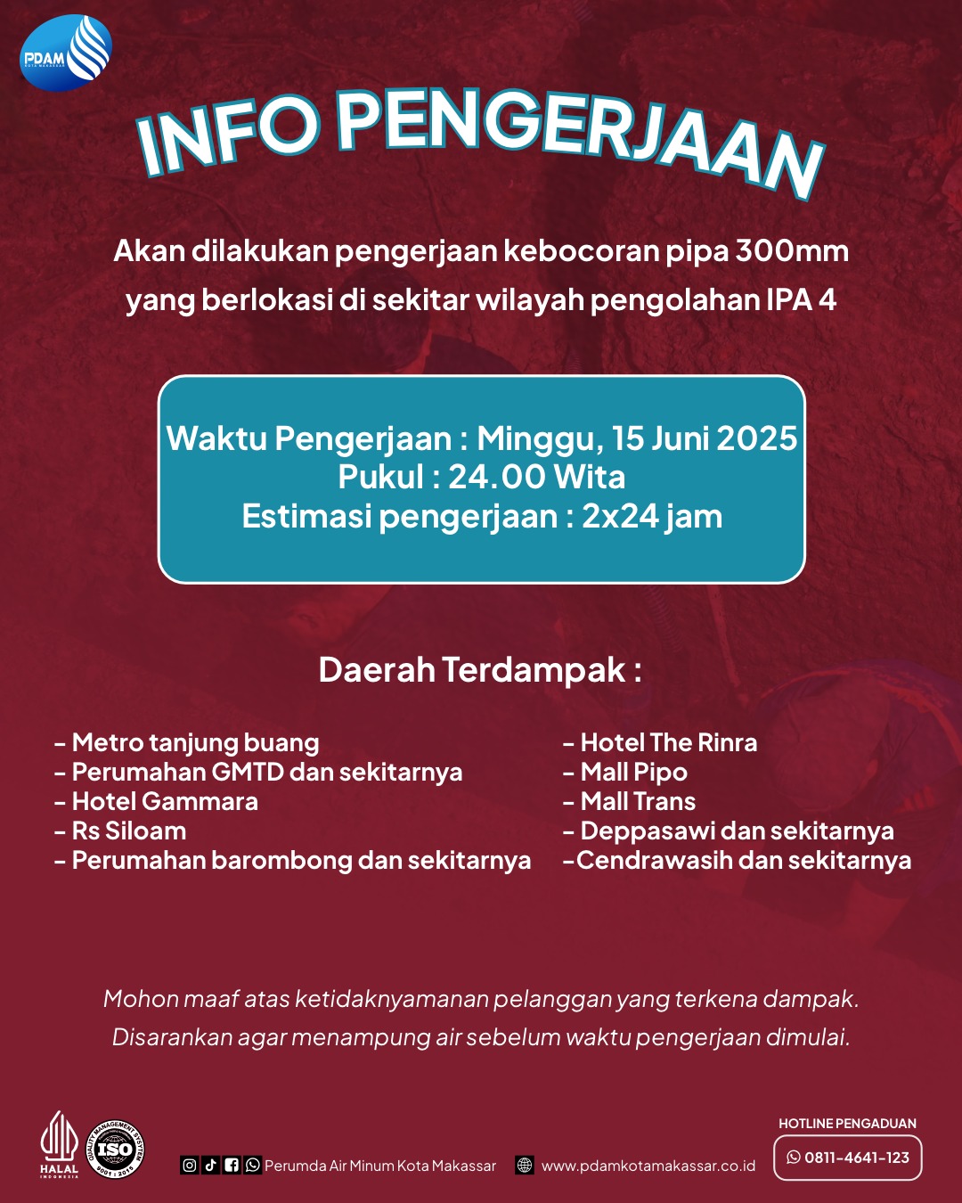 Perbaikan Pipa di Sekitar Instalasi IPA 4, PDAM Makassar Imbau Warga Menampung Air