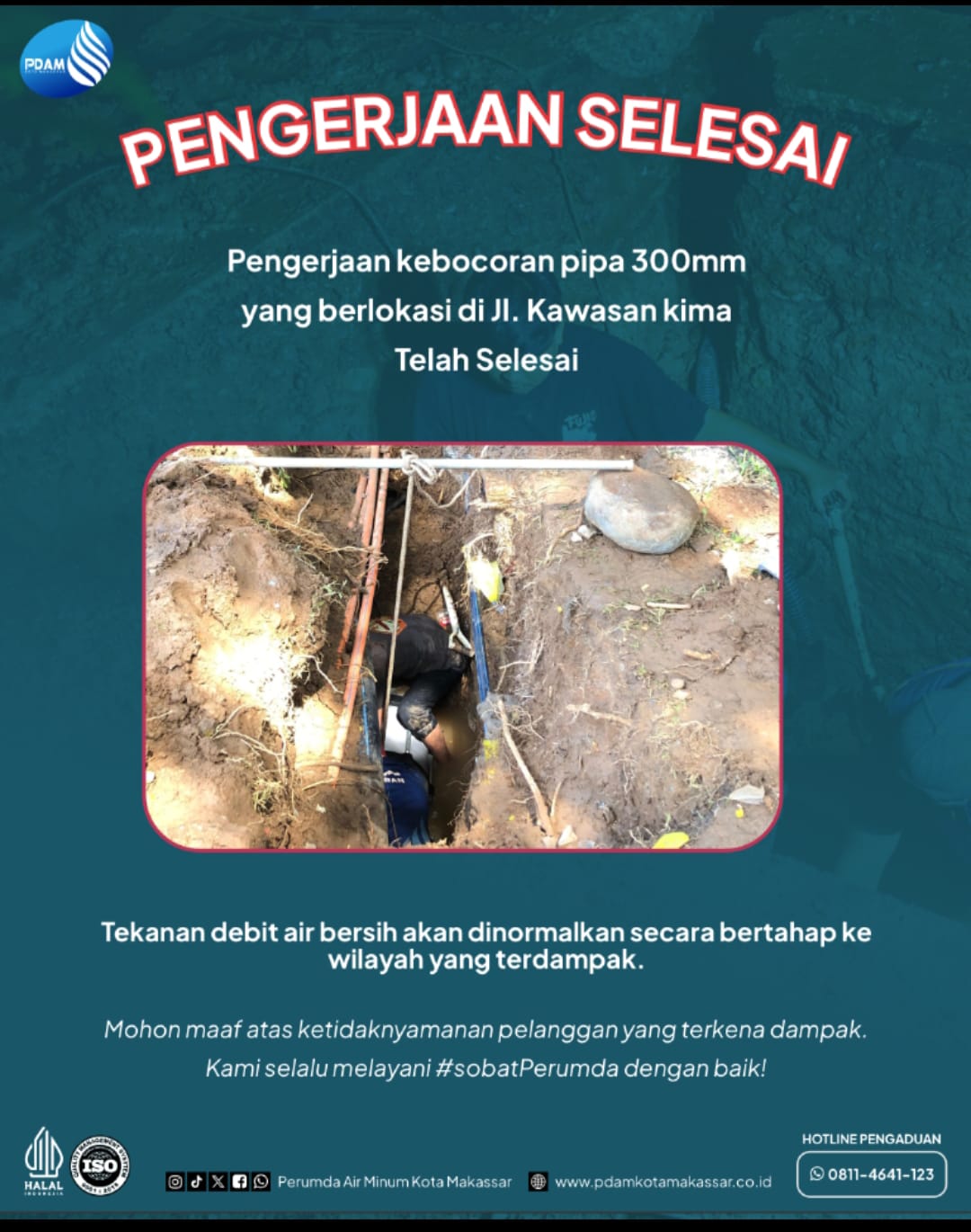 PDAM Makassar Tuntaskan Perbaikan Pipa Bocor di Kawasan KIMA Kurang dari 24 Jam, Normalisasi Tekanan Air Secara Bertahap