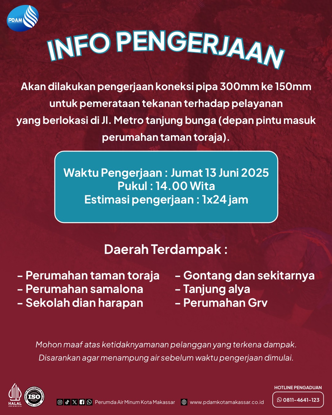 PDAM Makassar Lakukan Pengerjaan Koneksi Pipa di Metro Tanjung Bunga, Warga Diimbau Menampung Air