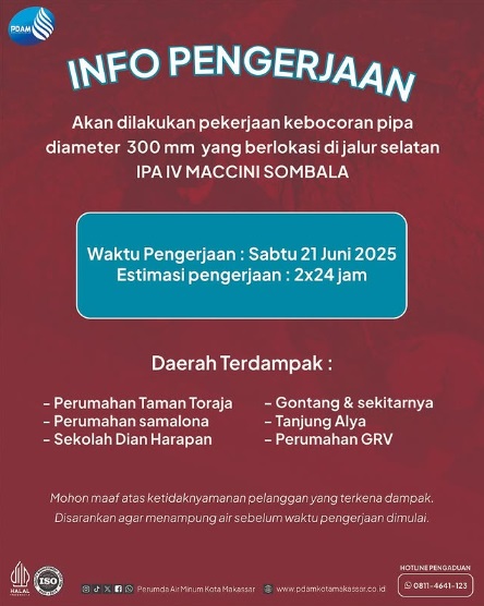 Kebocoran Pipa di Jalur Selatan IPA IV, PDAM Makassar Lakukan Pengerjaan dengan Estimasi 2 x 24 Jam