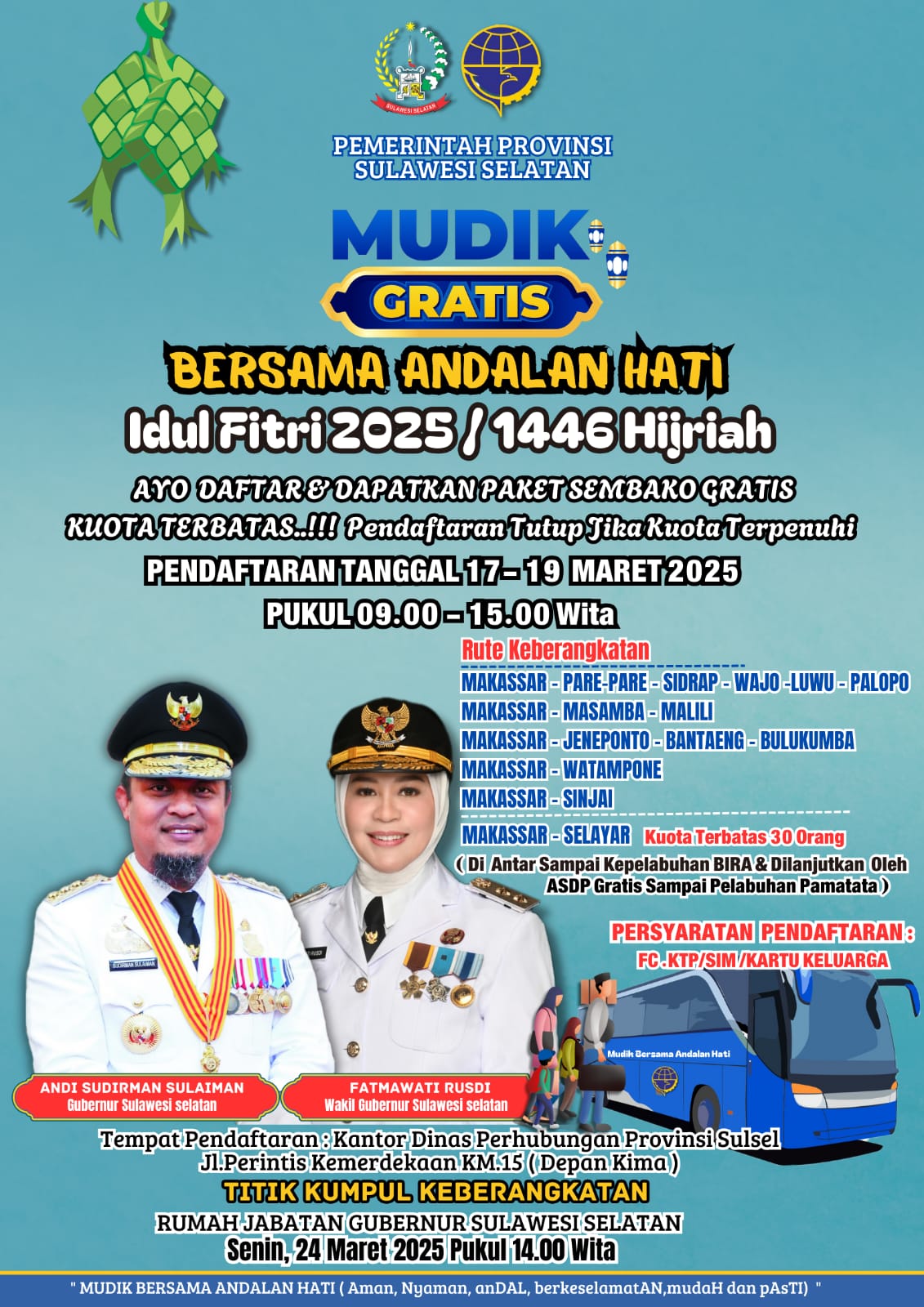 Pemprov Sulsel Gelar Program Mudik Gratis Bersama Andalan Hati, Berangkat 24 Maret