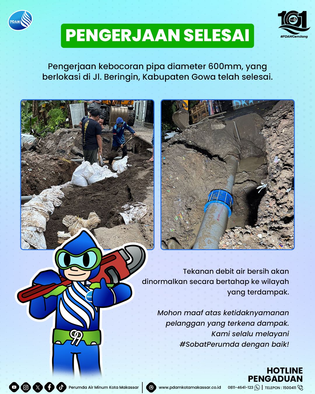 Pengerjaan Kebocoran Pipa di Jalan Beringin Gowa Rampung, PDAM Makassar Mohon Maaf kepada Pelanggan Terdampak 
