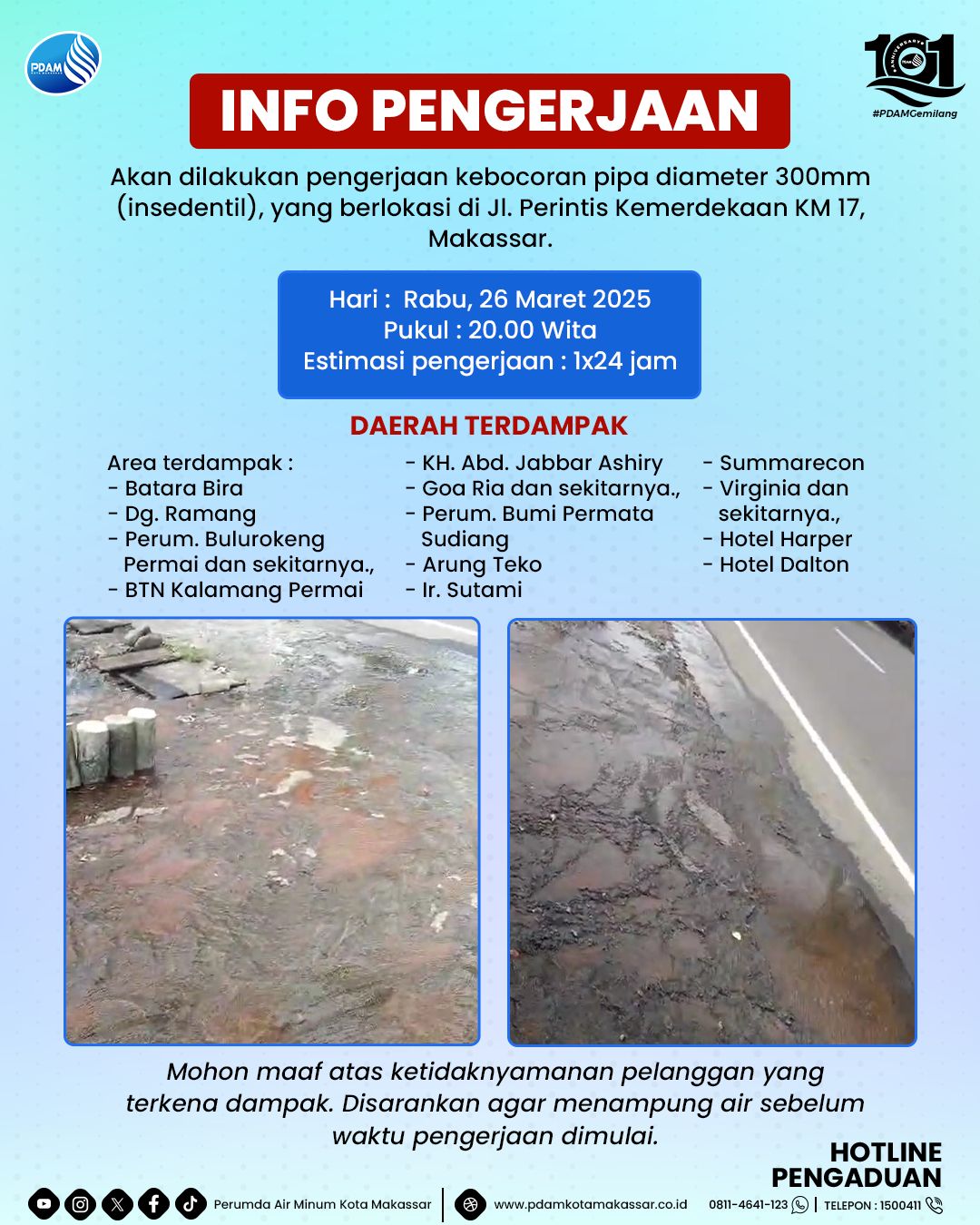 Malam Ini PDAM Makassar Lakukan Pengerjaan Kebocoran Pipa di Perintis Kemerdekaan KM 17