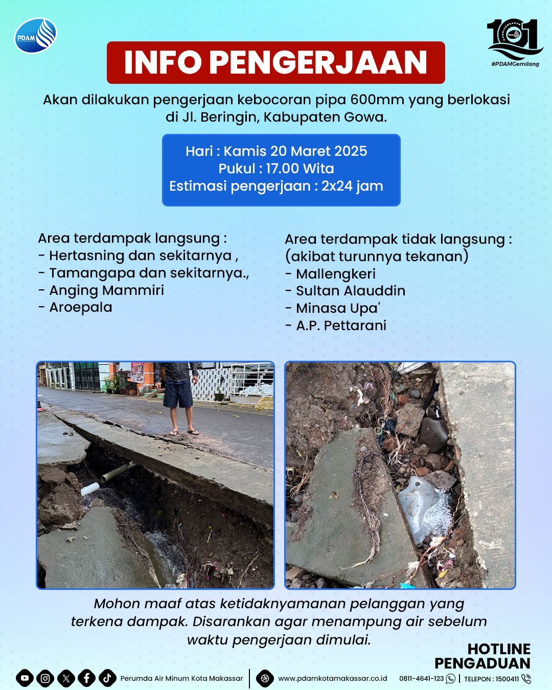 Kamis Sore PDAM Makassar Lakukan Pengerjaan Kebocoran Pipa di Jalan Beringin Gowa