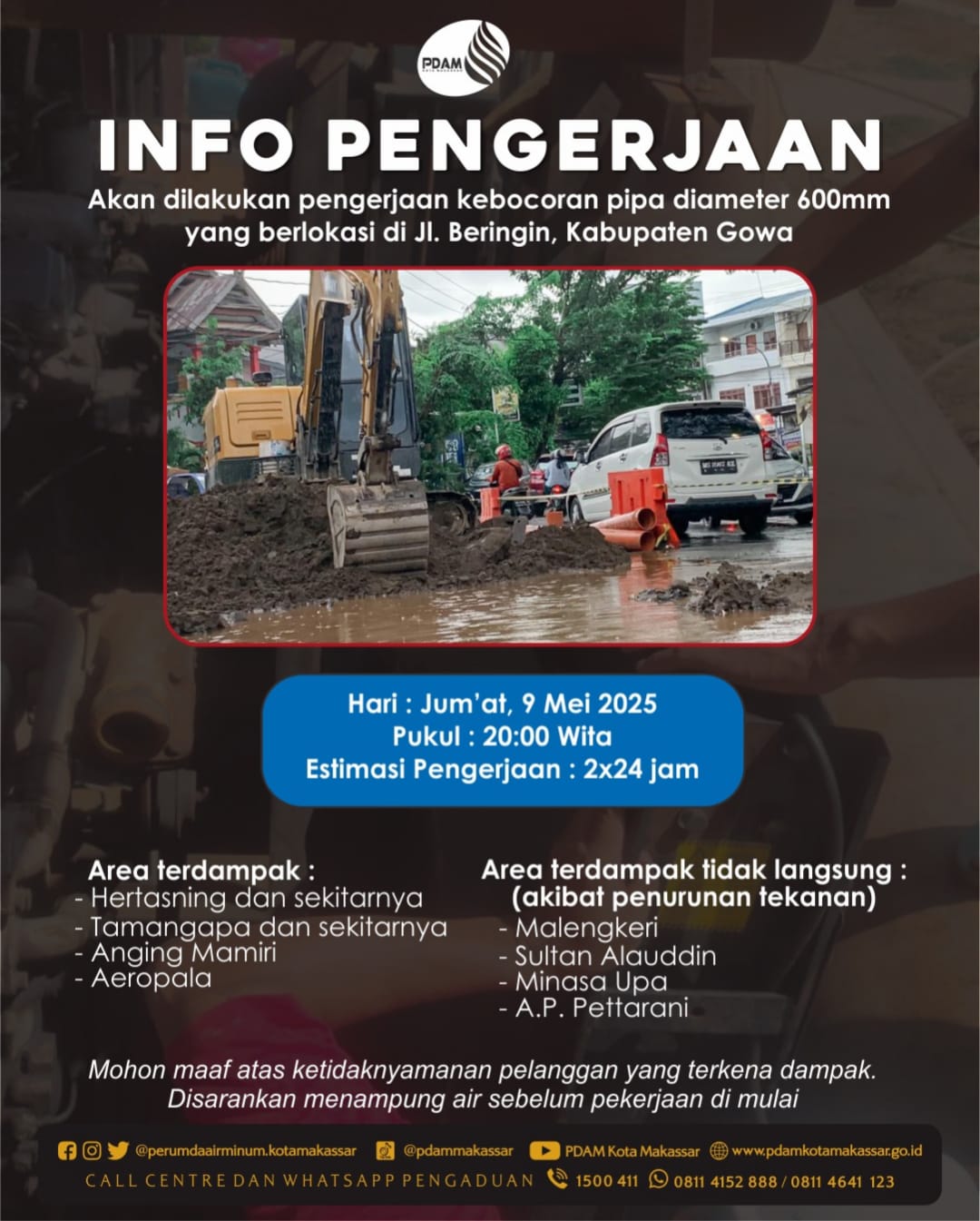 Kebocoran Pipa di Beringin Gowa, PDAM Makassar Lakukan Pengerjaan Malam Ini dengan Estimasi 2x24 Jam