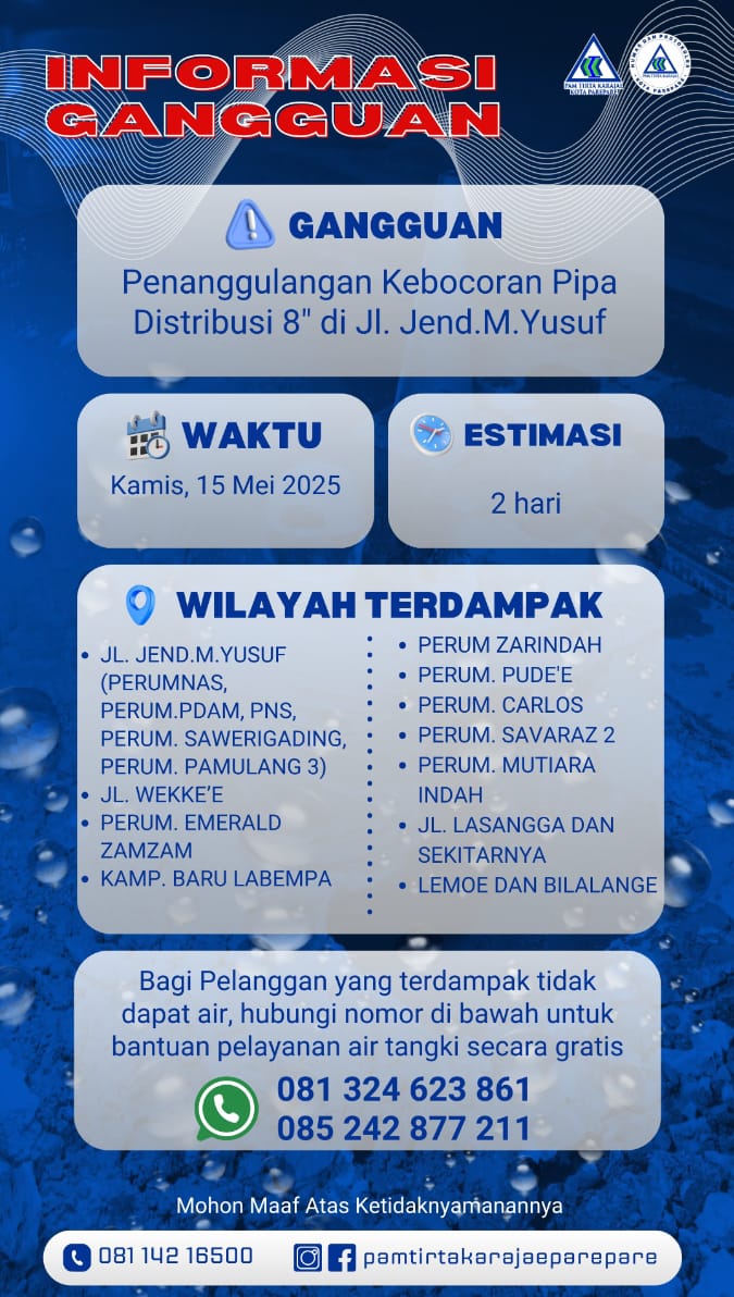 PAM Tirta Karajae Sampaikan Permohonan Maaf Distribusi Air Terganggu, Penanggulangan Kebocoran Pipa di Bacukiki 