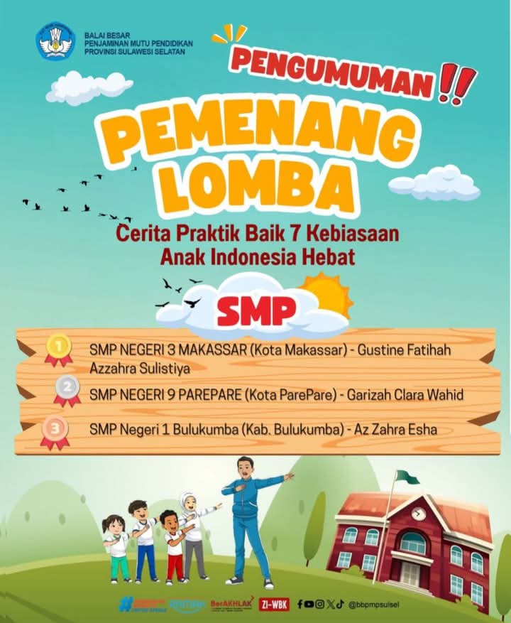 Keren, Kado Hardiknas Siswa SMPN 9 Parepare Gharizah Juara 2 Lomba Cerita Praktik Baik 7 Kebiasaan Anak Indonesia Hebat