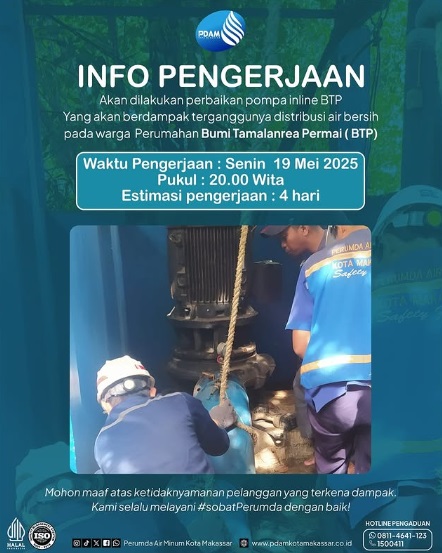Besok PDAM Makassar Lakukan Perbaikan Pompa Inline BTP, Estimasi Pengerjaan 4 Hari
