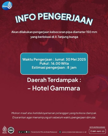 PDAM Makassar Lakukan Pengerjaan Kebocoran Pipa di Tanjung Bunga