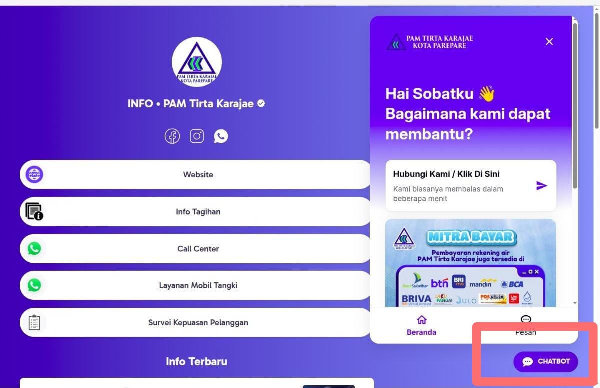 Layanan Pelanggan Lebih Cepat dan Efisien, PAM Tirta Karajae Luncurkan Chatbot 24 Jam  