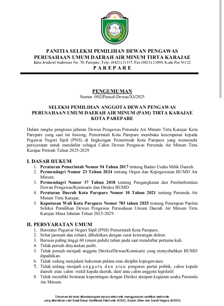 Pemkot Parepare Resmi Buka Seleksi Pemilihan Dewas PAM Tirta Karajae, Pendaftaran Ditutup 3 Desember