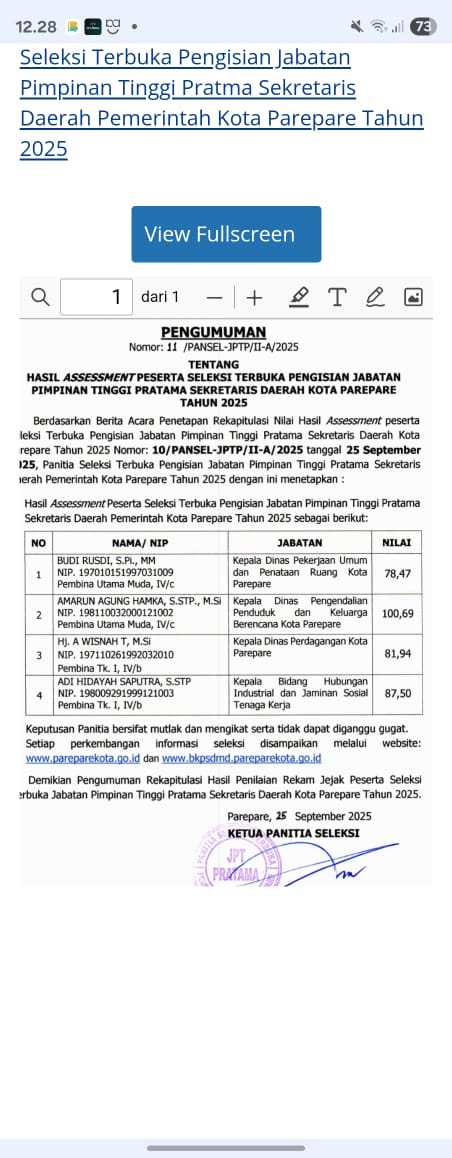 Hasil Assessment Seleksi Terbuka Pengisian Sekda Parepare, Amarun Agung Hamka Raih Nilai Tertinggi