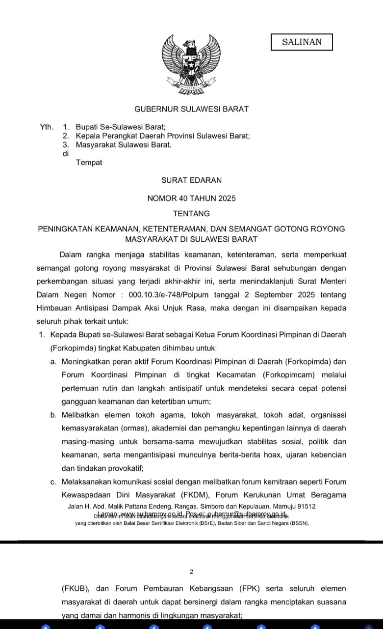 Hidupkan Siskamling hingga Gotong Royong: Gubernur Sulbar Keluar SE Khusus untuk Jaga Keharmonisan Sosial