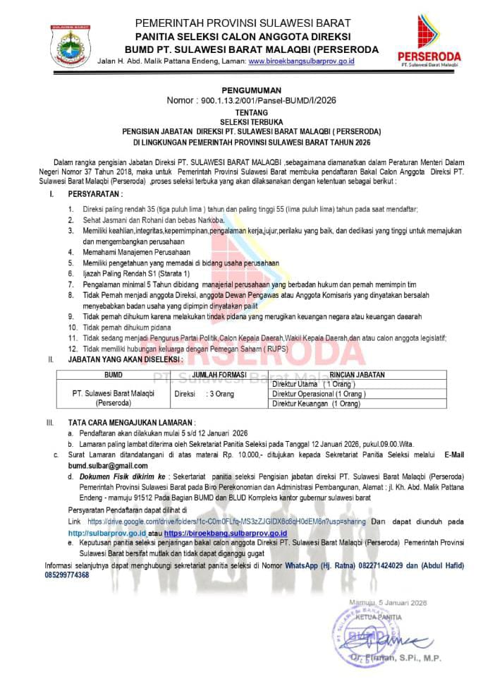Sulbar Buka Seleksi Terbuka Direksi PT Malaqbi, Upaya Optimalisasi PAD di Tengah Efisiensi